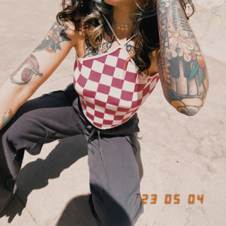 Pink Knit Checkered Triangle Crop Top